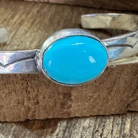 Navajo Sterling Cuff & Kingman Turquoise Cuff Bracelet, Signed - Picture 4 of 7